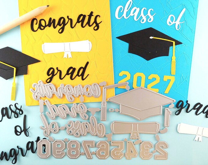 Graduation Cutting Dies - 17 Piece Metal Crafting Dies - Card Making - Congrats Grad Sentiments - Class of  - Graduation Cap - Diploma M17