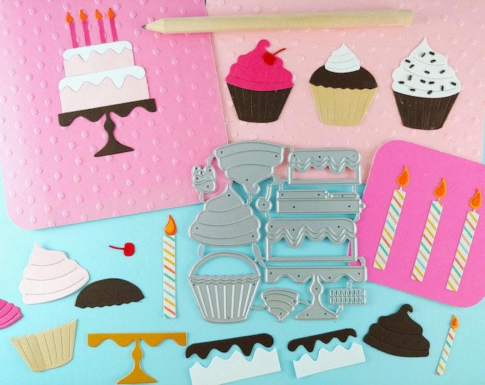 Cakes - Cupcakes - Candles Cutting Dies - Cute Metal Crafting Dies -  Happy Birthday Crafting Die - Card Making and Scrapbooking Dies B01