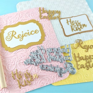 Matrices de découpe Sentiments de Pâques - Il est ressuscité - Matrice d'artisanat en métal Réjouissance - Matrices de découpe Joyeuses Pâques pour le scrapbooking et la fabrication de cartes E04