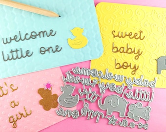 Mix and Match Baby Sentiment Cutting Dies - 14 Piece Metal Crafting Dies - Card Making - Scrapbooking - Elephant - Duckie - Bear - Words Y02