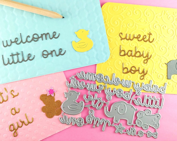 Mix and Match Baby Sentiment Cutting Dies - 14 Piece Metal Crafting Dies - Card Making - Scrapbooking - Elephant - Duckie - Bear - Words Y02