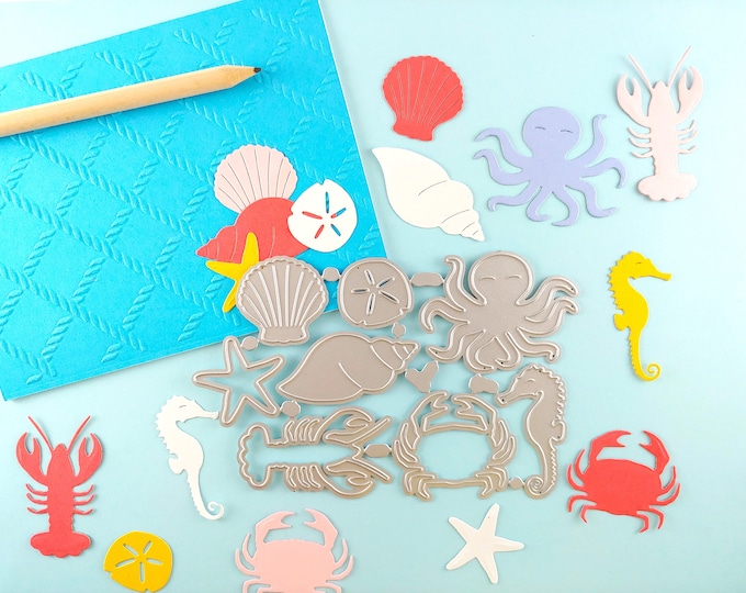Ocean Critters Cutting Dies - Seashell Crafting Dies - Ocean Theme - Octopus - Seahorse - Lobster - Crab - Starfish - Summer Memories A08