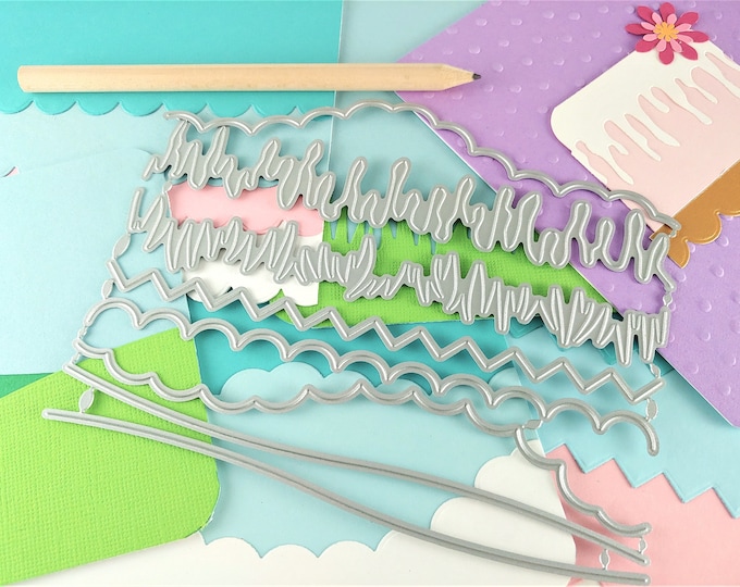 Border Cutting Dies - 8 Piece Set Metal Crafting Dies - Card Making - Scrapbooking - Cloud - Grass - Hills - Zig-zag - Scallops- Icicles M04