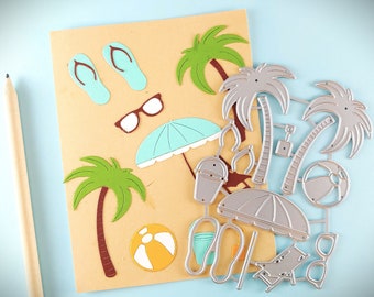 Beach Theme Cutting Dies - Scrapbooking Metal Die - Palm Trees Crafting Dies - Beach Umbrella - Flip Flops - Beach Ball M23