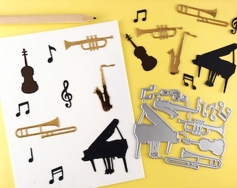 Musical Instruments Cutting Die - Music Crafting Dies - Music Notes Craft Dies - Piano - Saxophone - Trumpet - Trombone - Violin M11