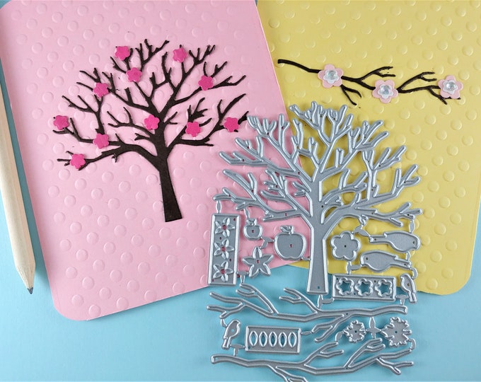Tree and Branch Metal Cutting Dies - Tree Crafting Dies - Branch Die Cuts - All Seasons Tree and Branch - Flower - Birds - Apples - Fall N04