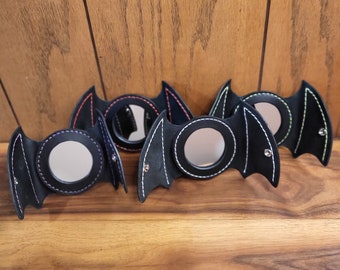 Bat Wing Makeup Mirror Leather | Leather Compact Mirror | Leather Makeup Accessory | Small Purse Mirror | Goth makeup Mirror | Bats Wings