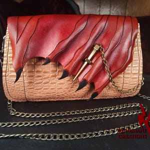 Dragon Wing Leather Purse Mahogany & Coral/Gold | Leather Dragon Bag | Handmade Leatherwork | Renaissance Festival Purse | Machine-Stitched
