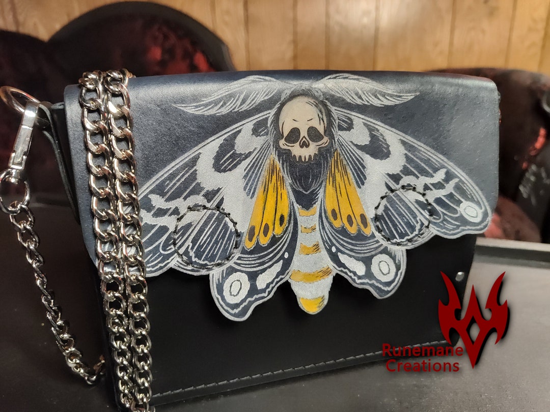 Death Moth Leather Purse Black White Silver Handmade Goth Handbag Death