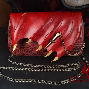 Dragon Wing Leather Purse Red and Antique Brass | Leather Dragon Bag | Handmade Leatherwork | Renaissance Festival Purse | Machine-Stitched