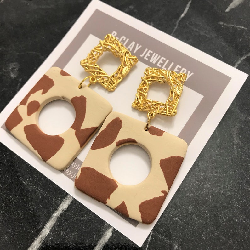 Handmade Polymer Clay Brown Giraffe Colour Gold Plated Modern Style Dangle Drop Earrings Gift for her