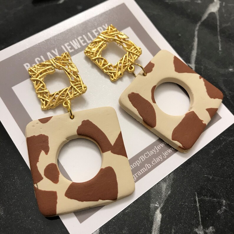 Handmade Polymer Clay Brown Giraffe Colour Gold Plated Modern Style Dangle Drop Earrings Gift for her