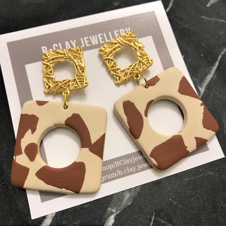 Handmade Polymer Clay Brown Giraffe Colour Gold Plated Modern Style Dangle Drop Earrings Gift for her