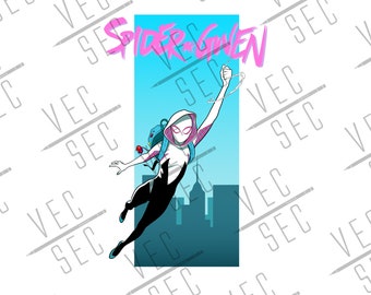 May include: A digital illustration of Spider-Gwen, a superhero in a white and black suit, swinging through a city skyline. The text "Spider-Gwen" is written in pink letters above her.