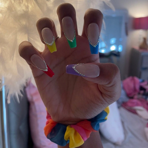 Rainbow Bling French Tip Set | Luxury Press On Nails | Handpainted Nails | Pride Nails | Press On Nails | Rainbow Nails