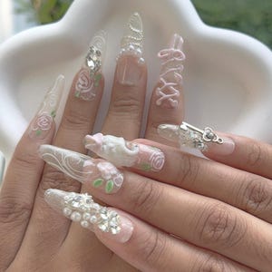 Coquette Swan and Bow Detailed Press On Nails | Handmade Nails | Pink Bow Nails | Luxury Press On Nails | Rhinestones | 3D Gel Nails