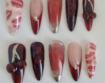 Cherry Kiss Lip Detailed Press On Nails | Handmade Nails | Red Cherry Nails | Cheetah Print Nails | Luxury Press On Nails | 3D Gel Nails