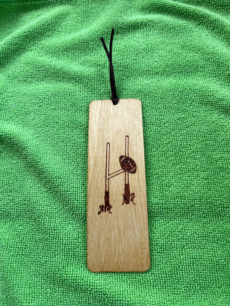 Rugby themed wooden bookmark, faux leather tassle, varnished, pyrography. image 1