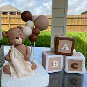 Teddy Bear with Balloon and Cubes Baby Shower, Fondant Teddy Bear Cake Topper, Baby Shower Cake Decoration, Baby Bear, ABC Cubes, Bear Party