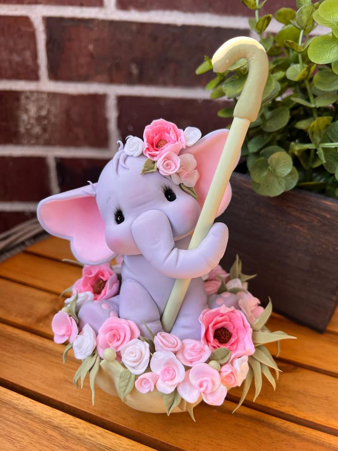 Fondant Elephant and Umbrella Cake Topper, Elephant Baby Shower