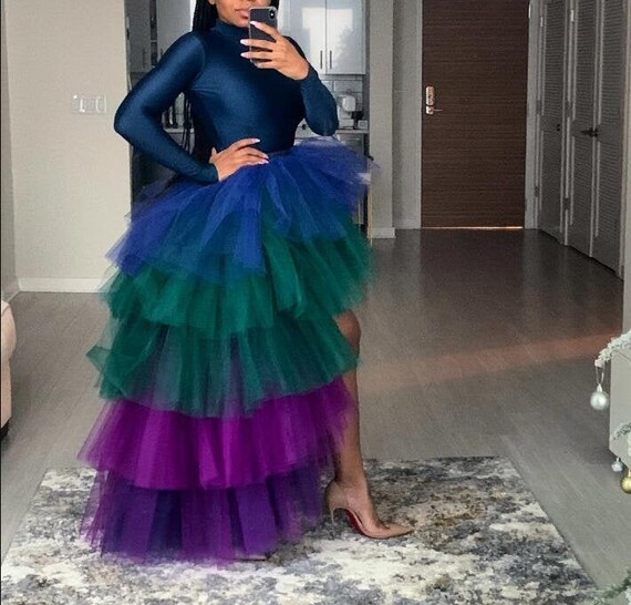 Multicolor Rainbow Tiered High Low Tulle Maxi Skirt Tiered High