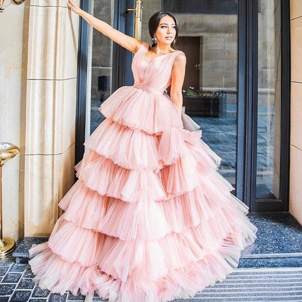 Blush Pink V Neck Ruffle Tiered Tulle Formal Gown Evening Party Dress, PD01277