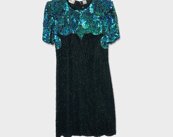 Denise Elle Beaded Mini Dress NEW 100% Silk Sequins Size Medium Black Teal Blue