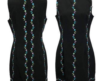 A-List By Wrapper Vintage Mini Dress Sz 9/10 Black Floral Embroidered Mod Shift