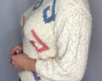 Koret Hand Knit Sweater Cozy 3/4 Sleeve Cream Pastel Vintage Lightweight Size M