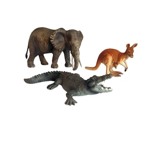 Vintage Schleich Retired Elephant Crocodile and Kangaroo with Baby in Pouch