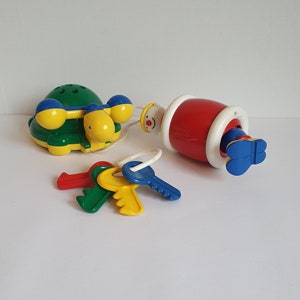 Vintage Ambi Toys Turtle Drum, Rattle Keys and Barrel Jack Clown