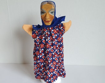 Vintage Lotte Sievers-Hahn cabeza de madera tallada a mano abuela marioneta de mano