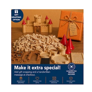 May include: A wooden castle building set with red conical turrets, scattered pieces, and a gift box. The image includes the text "Make it extra special!" and "Gift Wrapping Option".
