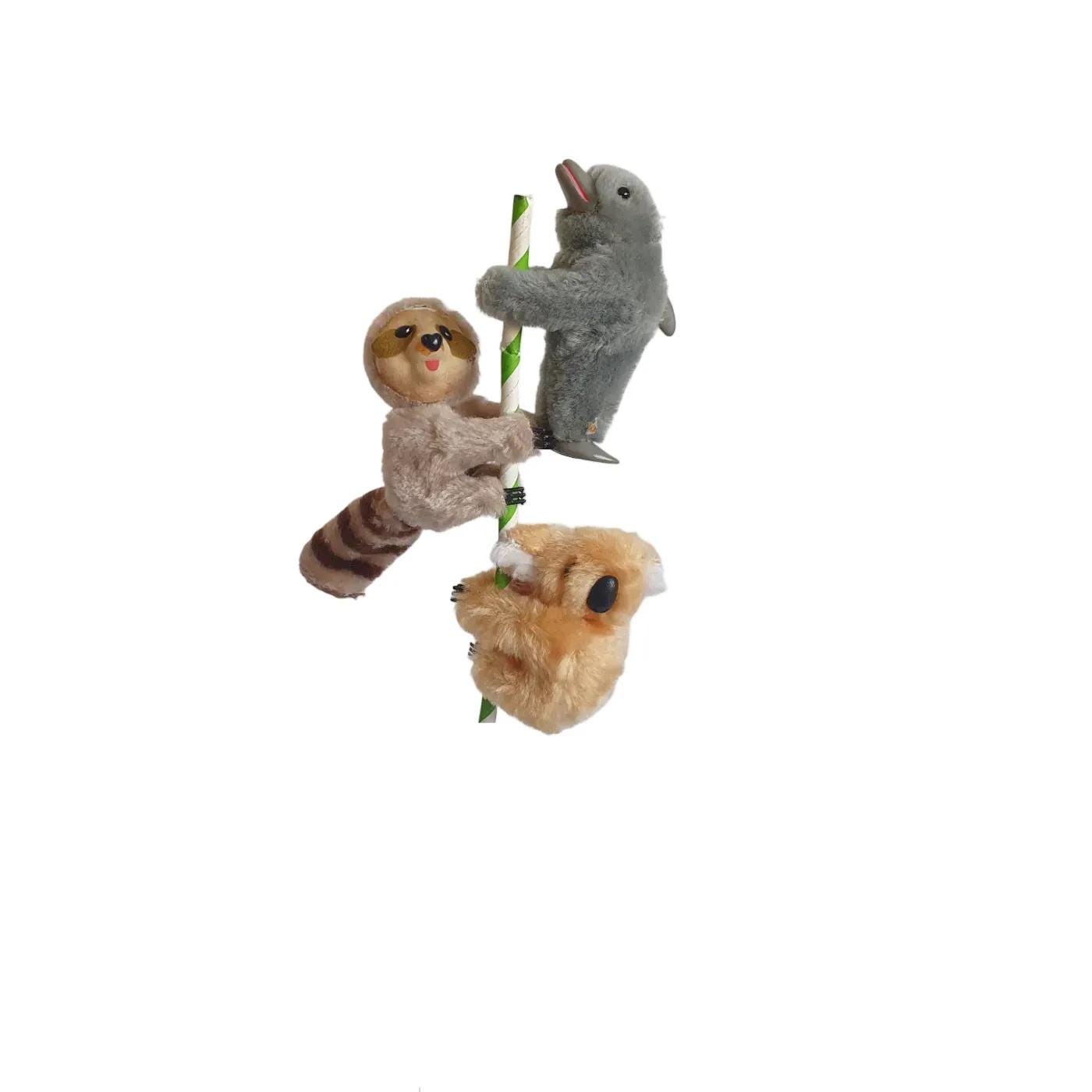 Vintage 80s Plush Pencil Huggers – Clip-on Racoon Dolphin Koala