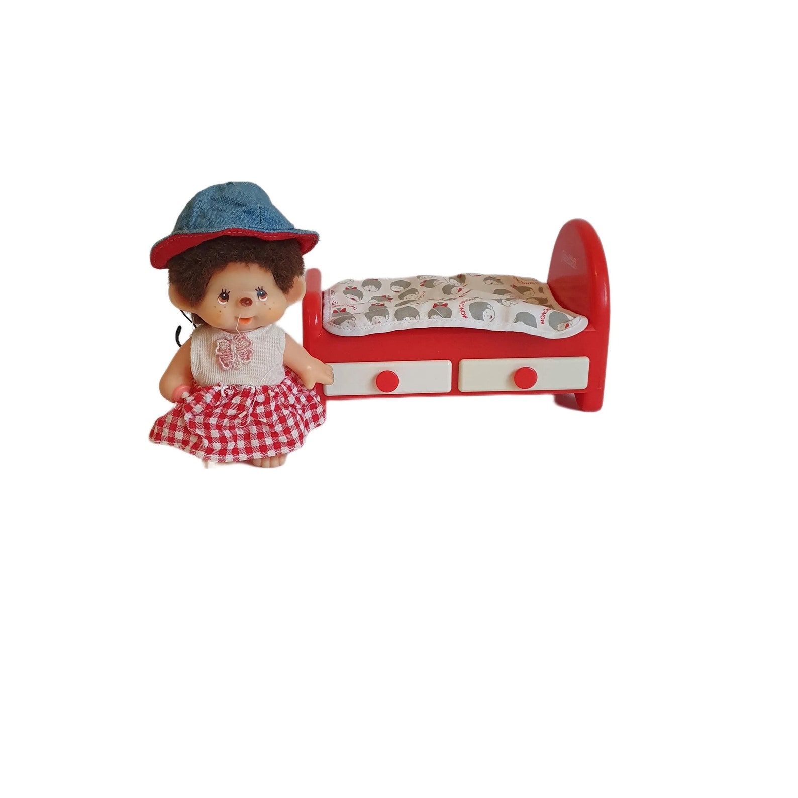 Vintage Mini Sekiguchi Monchichi Chicaboo Doll w/ Bed