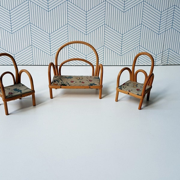 Vintage German miniature bentwood patio rattan chairs 1:12 scale