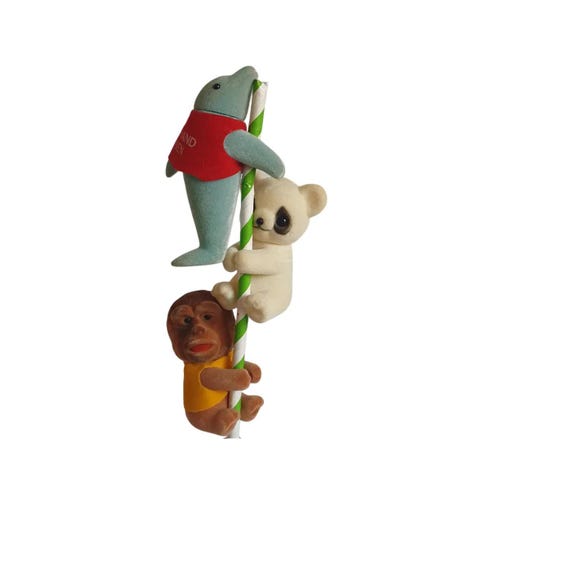 Vintage 80s Flocked Pencil Huggers – Clip-on Bear, Monkey