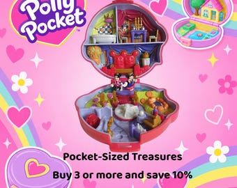 May include: A Polly Pocket playset featuring a multi-level interior with miniature figures, furniture, and accessories. The set includes a top level with a bathroom and bedroom, and a lower level with a dance floor. A closed purple heart-shaped case is shown.
