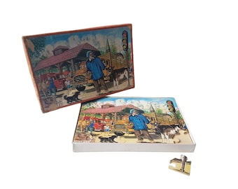 Vintage 1950's Kolibri Wooden Jigsaw Puzzle Farmer's Market
