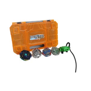 May include: An orange plastic carrying case with the text "Beyblade Burst" and several colorful spinning tops. The tops are blue, silver, and green. A green launcher with a black string is also included.