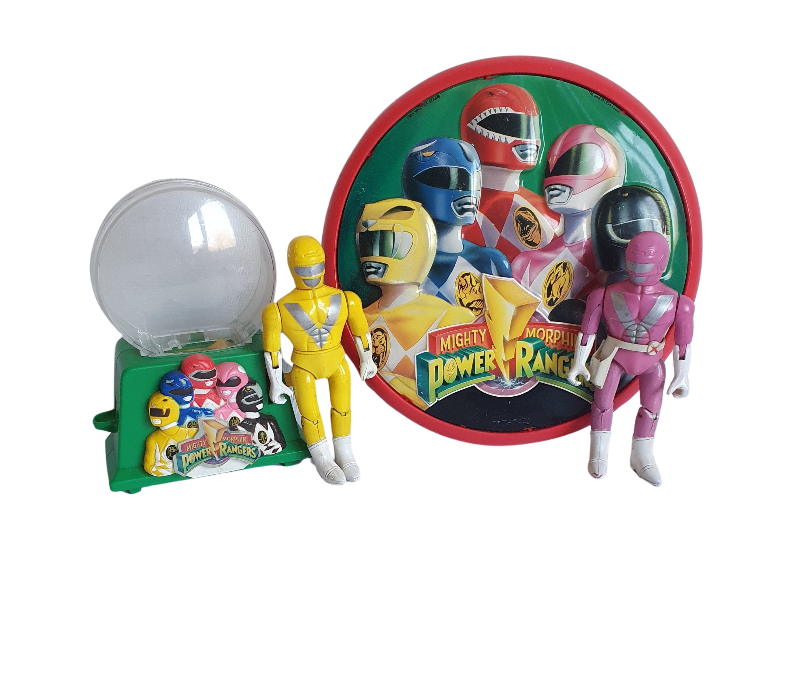 Disco volador, máquina de chicles y figuras de Power Rangers vintage (lote coleccionable)