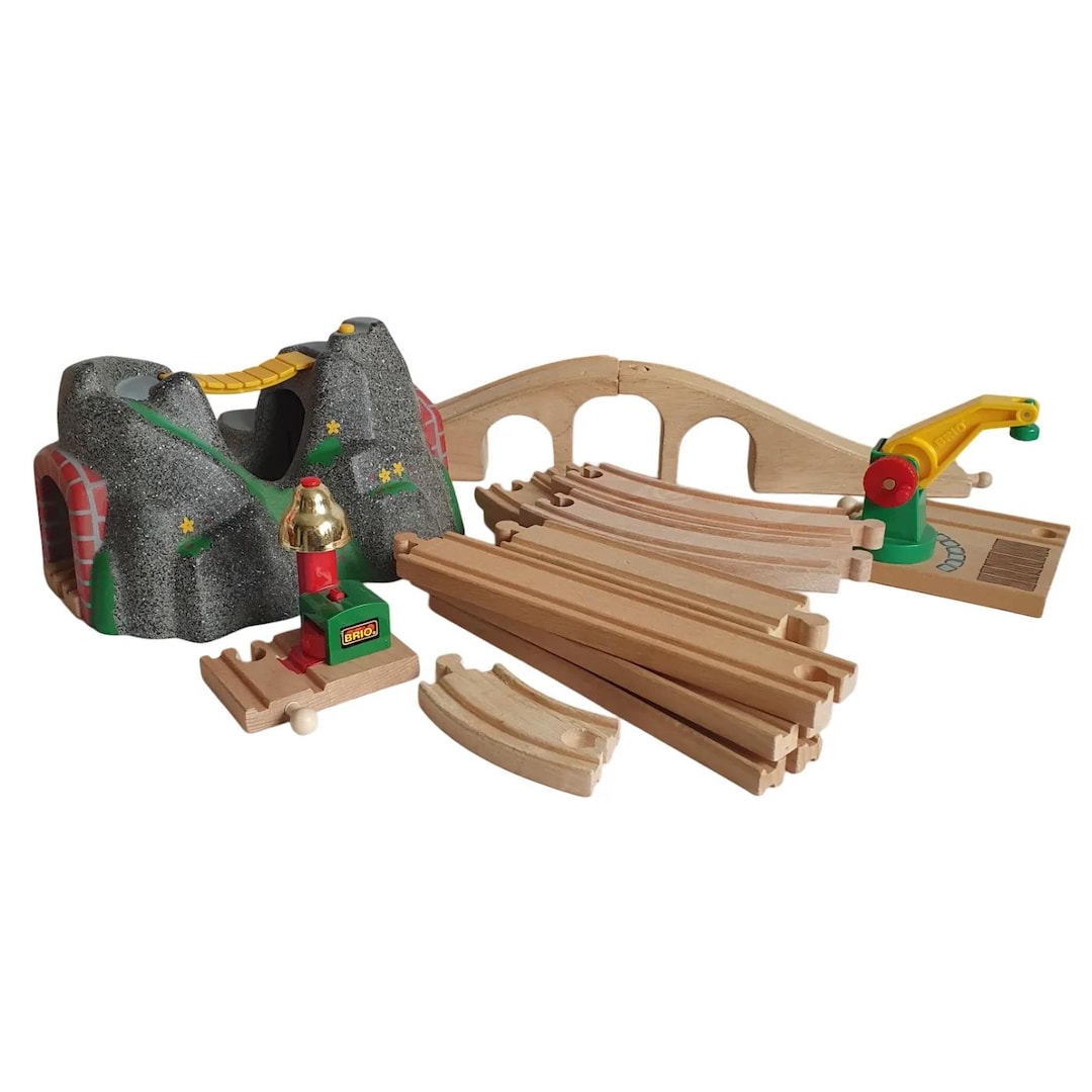 Vintage Brio Wooden Train Set W/ Bridge, Tunnel, Bell & Crane (19 Pcs ...