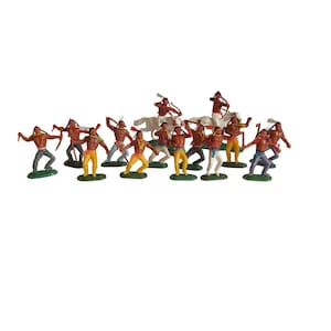 May include: A collection of vintage toy figurines depicting Native American warriors. The figures are painted in various colors, including red, yellow, blue, and white, and are posed in action. Some figures are on horseback, while others are on foot.