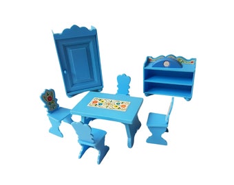Vintage Jean W Germany Blue Dollhouse Dining Room Furniture Set