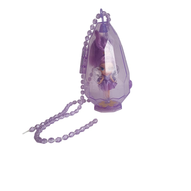 May include: A purple plastic necklace with a clear pendant containing a small purple fairy doll. The pendant is shaped like a crystal.