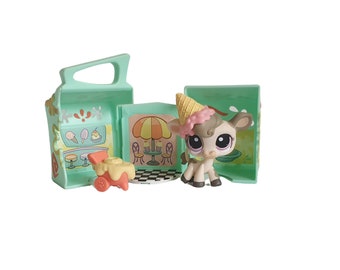 Vintage Littlest Pet Shop LPS Scoops 'n Shake Shop con mucca da compagnia