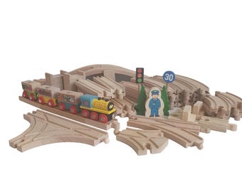 Vintage Wooden Toy Train Set (58 pcs)