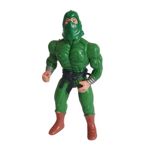 May include: A green plastic action figure of a ninja wearing a green mask and black belt. The figure has a muscular build and is posed in a fighting stance.