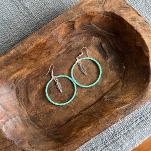 Aqua Feather Beaded Hoops | Western Hoops