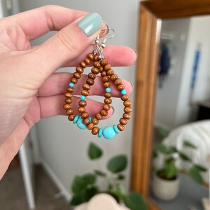 Wood Bead Turquoise Accent Tear Drops | Western Earrings